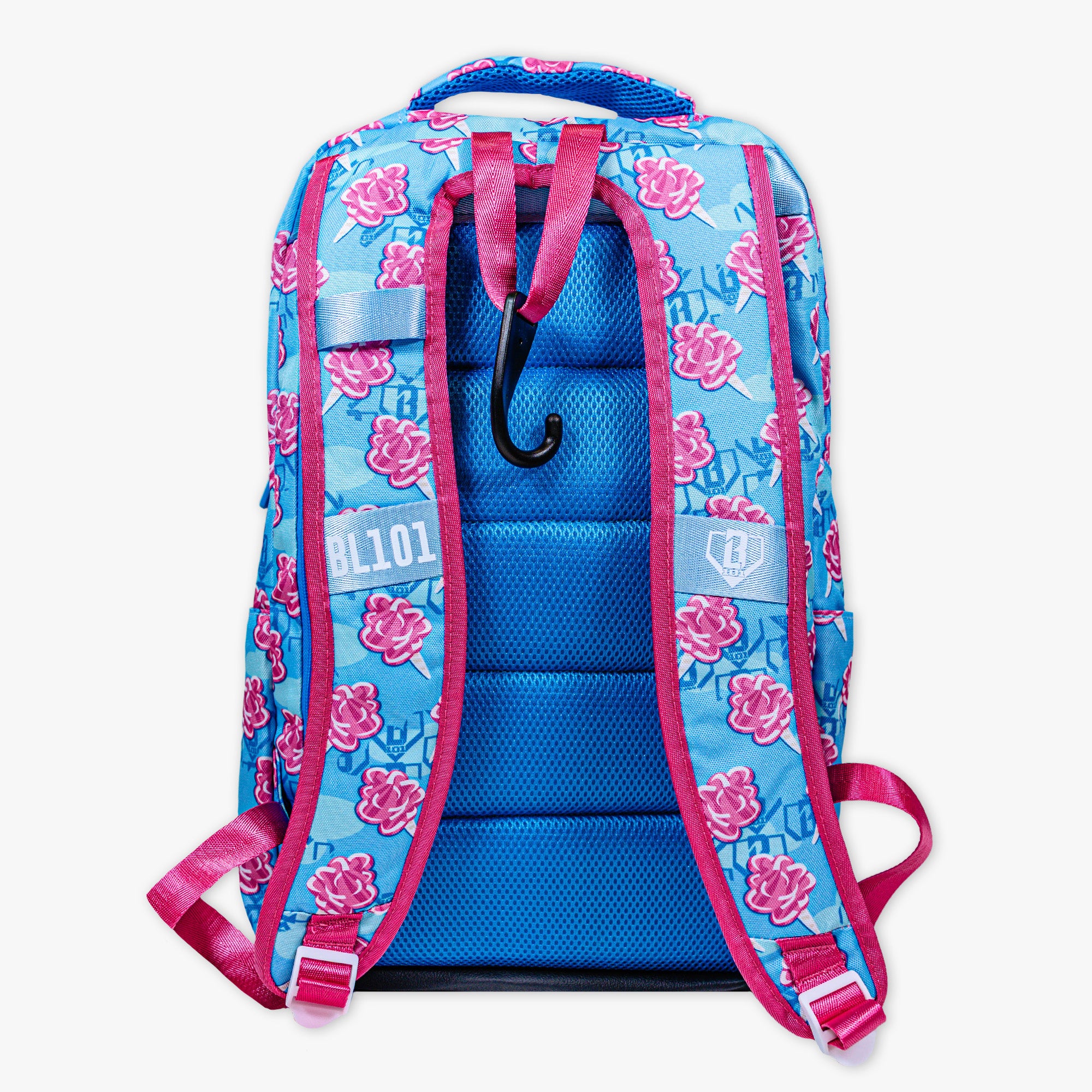 Adult model wearing multi-color backpack with "Cotton Candy SZN 2" design