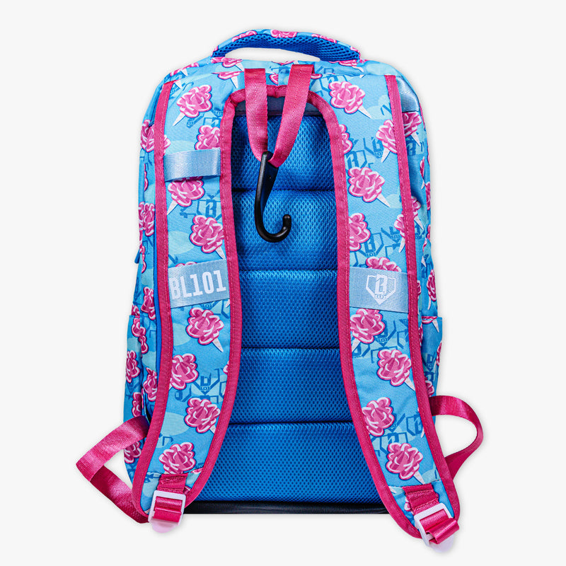 Adult model wearing multi-color backpack with "Cotton Candy SZN 2" design