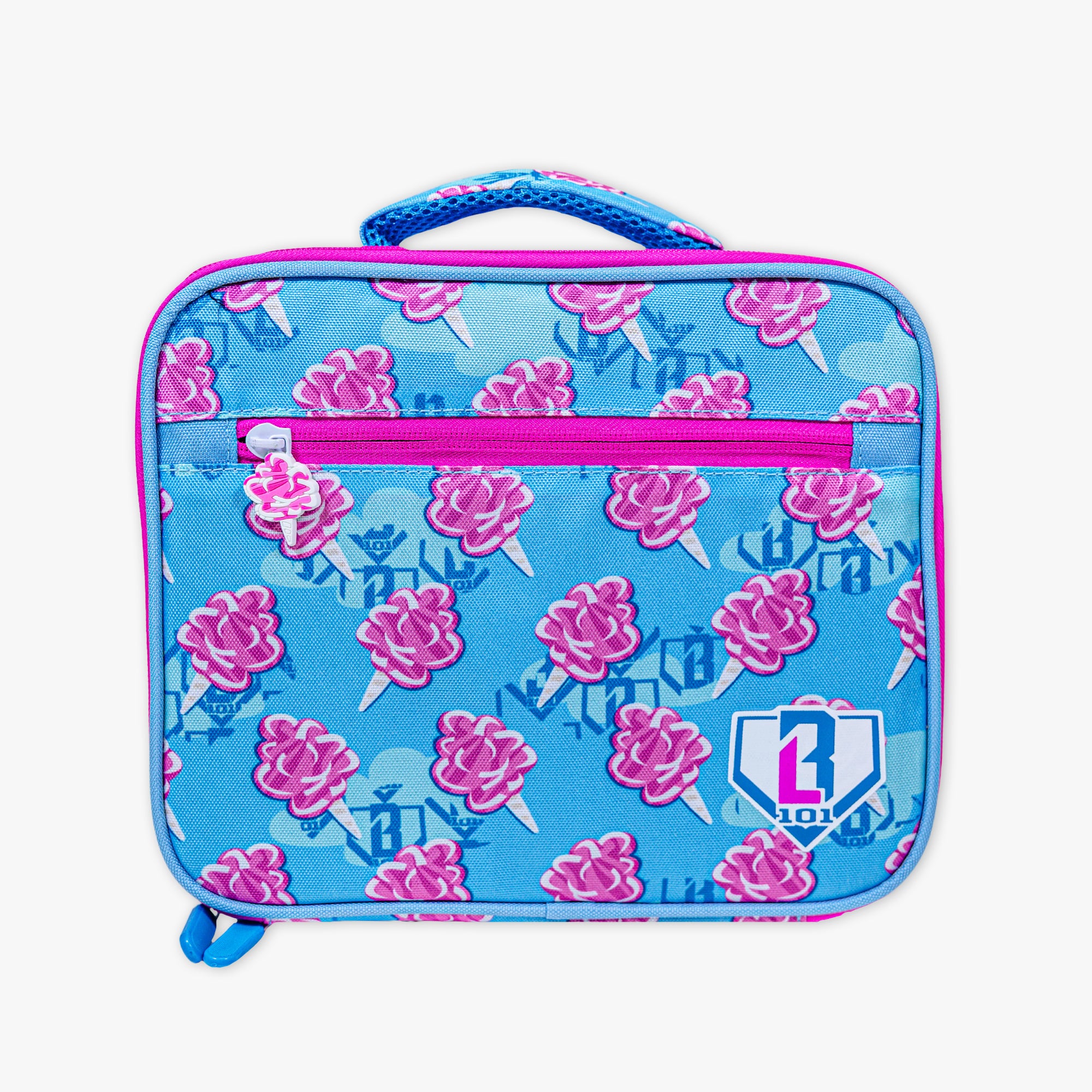 Adult model wearing multi-color lunch box with "Cotton Candy SZN 2" design