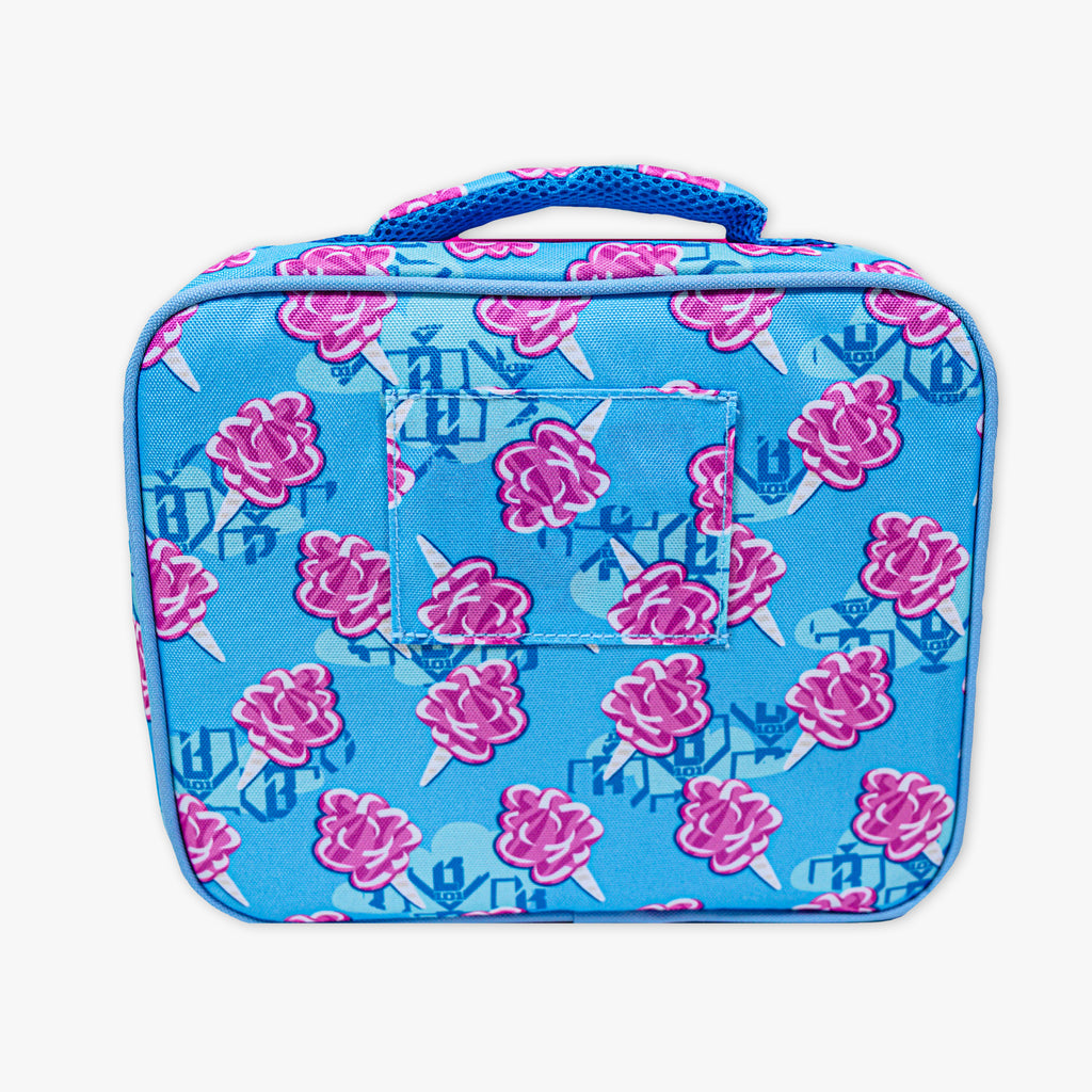 Adult model wearing multi-color lunch box with "Cotton Candy SZN 2" design