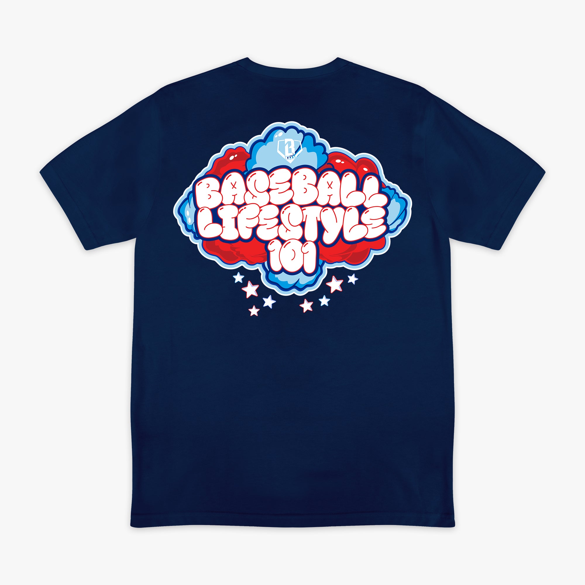 4th of July navy tee with red, white, and blue cotton candy Baseball Lifestyle 101 graphic shirt