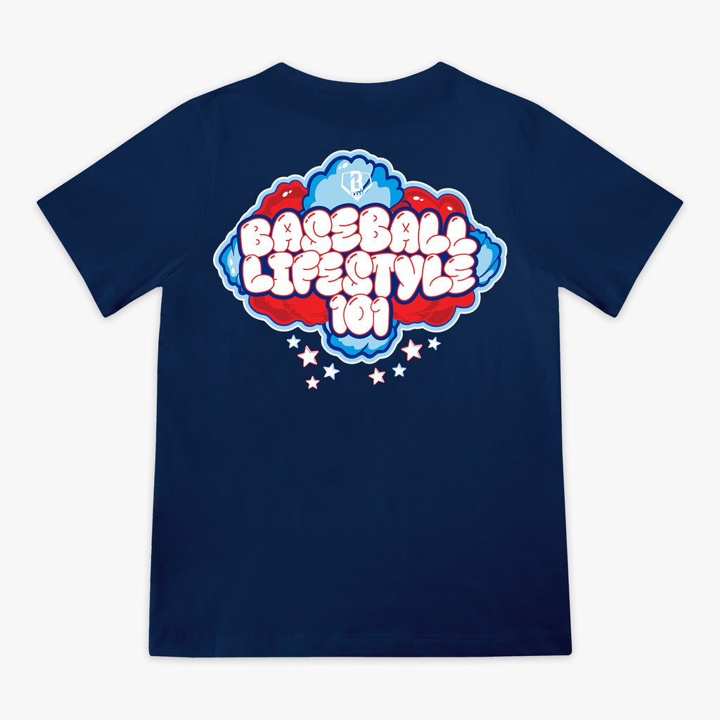 4th of July navy baseball youth tee red, white, and blue cotton candy