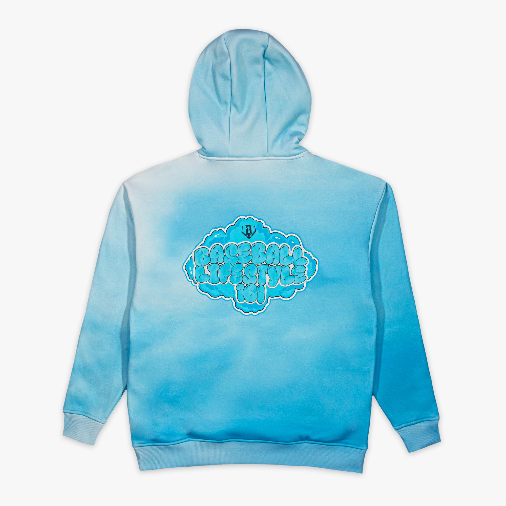 Blue tie-dye hoodie with BL101 logo on the back against a white background