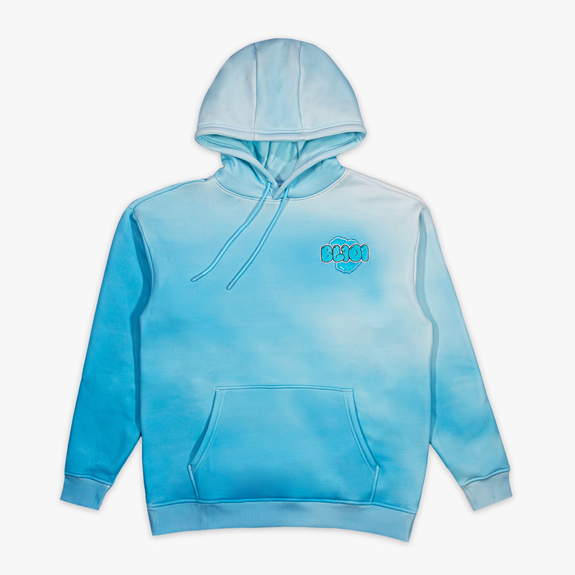 Blue tie-dye hoodie with BL101 logo against a white background