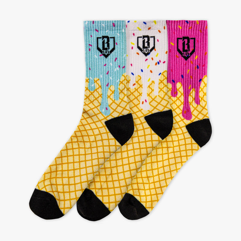 Colorful socks with an ice cream design on a white background