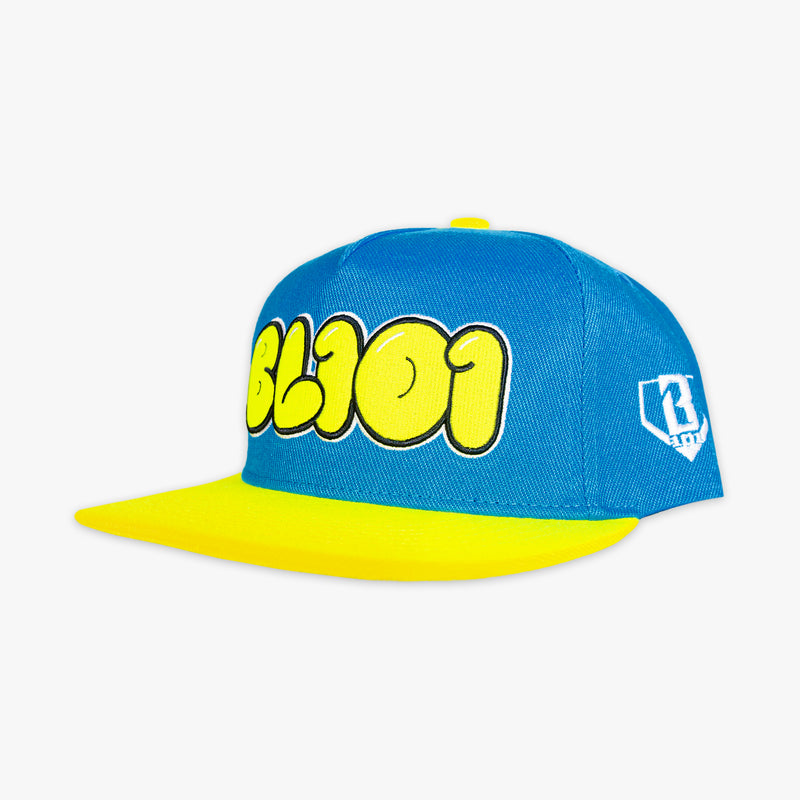 Blue and yellow cap with BL101 logo on a white background