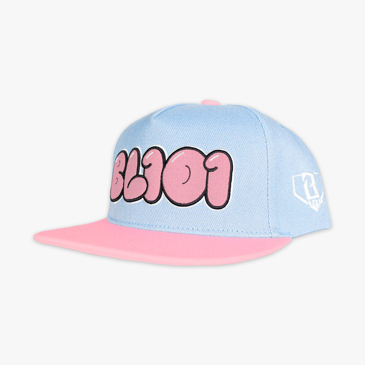 Light blue and pink cap with 'BLO101' text on a white background