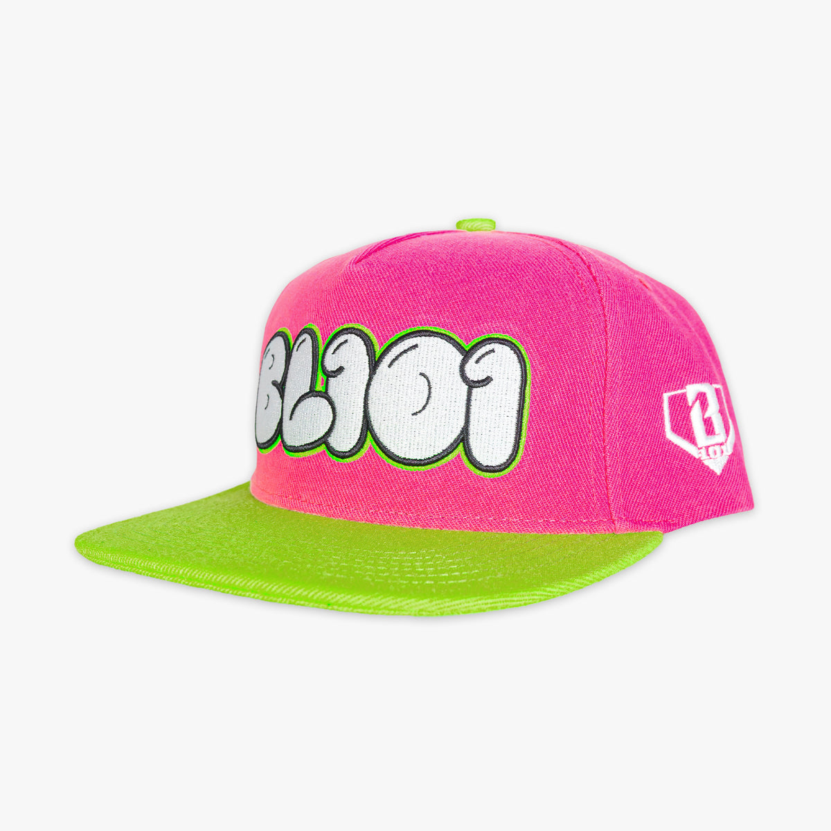 Pink and green cap with text on a white background