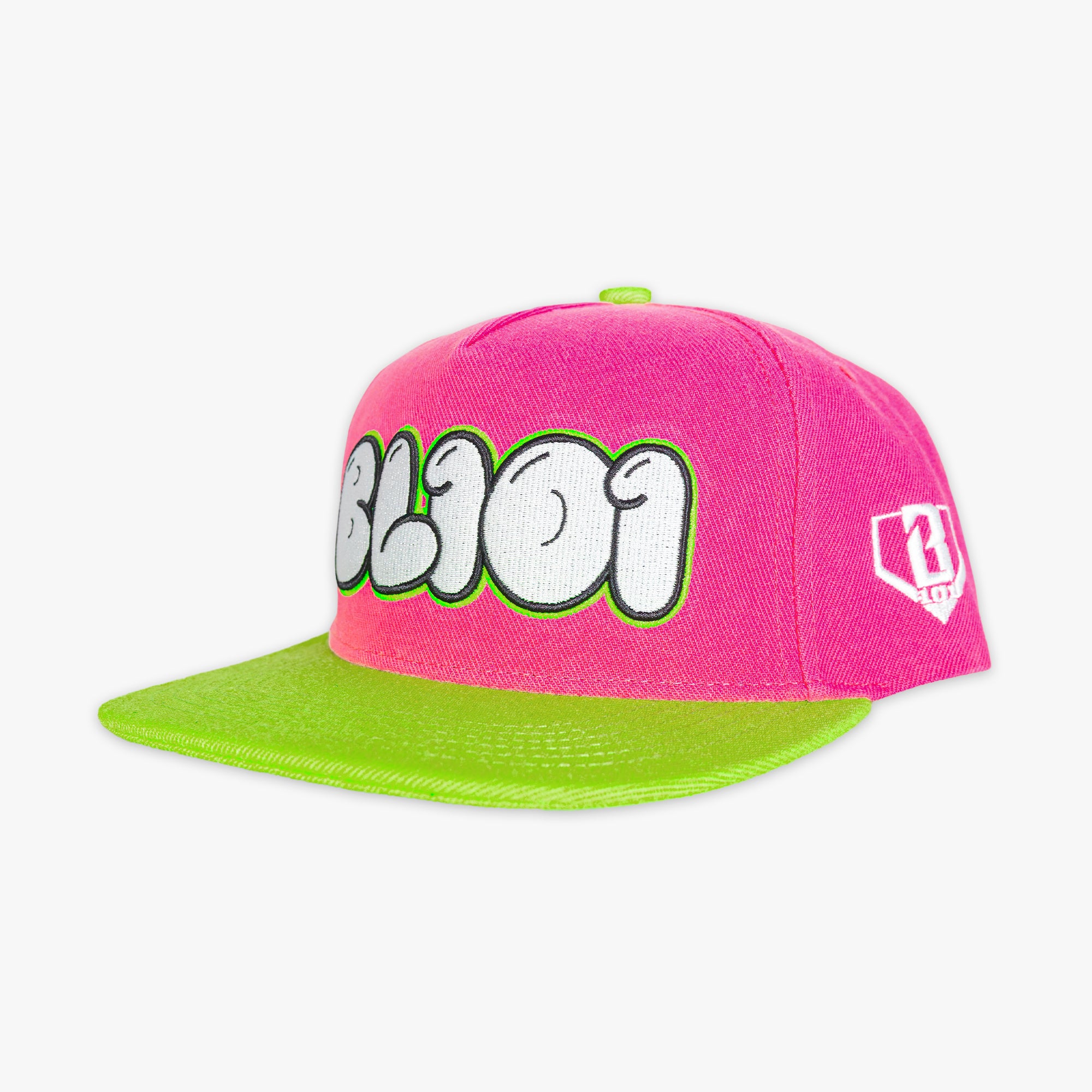 Pink and green cap with text on a white background