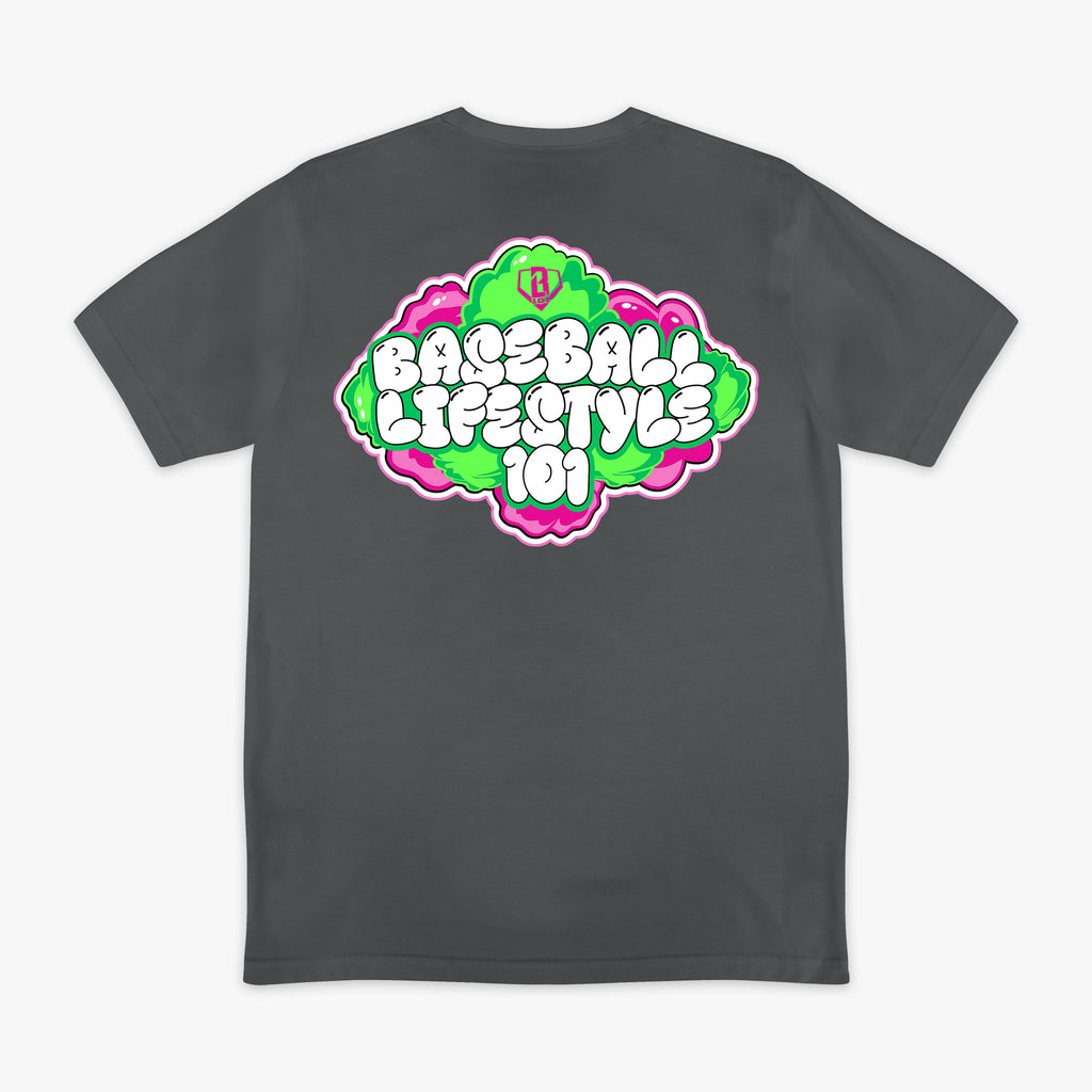 Gray Cotton Candy Sour Apple graphic tee — back view