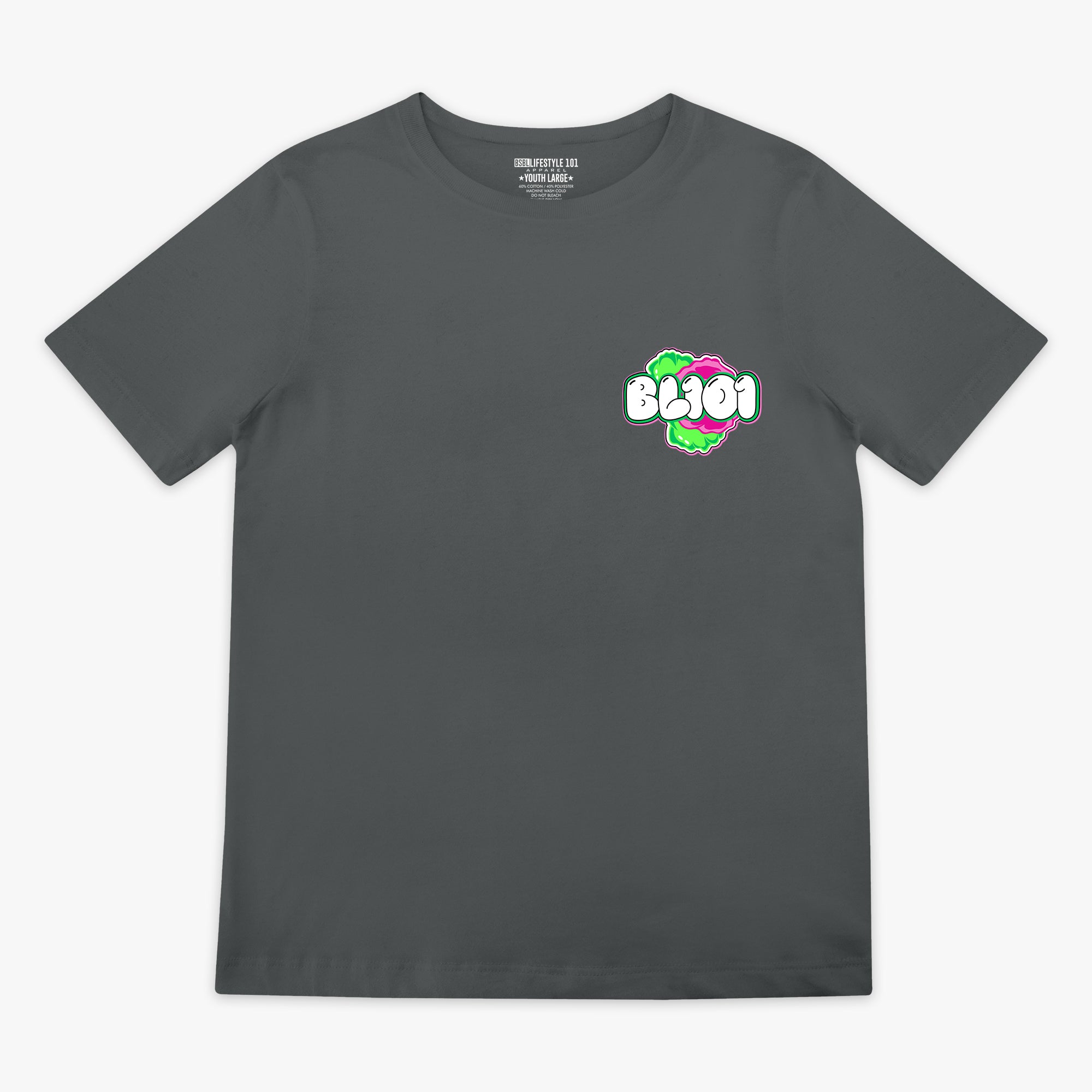 Gray t-shirt with pink and green BL101 logo on a white background