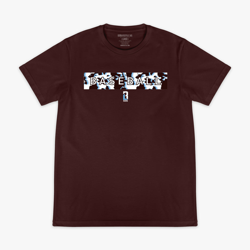 Brown t-shirt with 'BASEBALL' cow pattern graphic on a white background