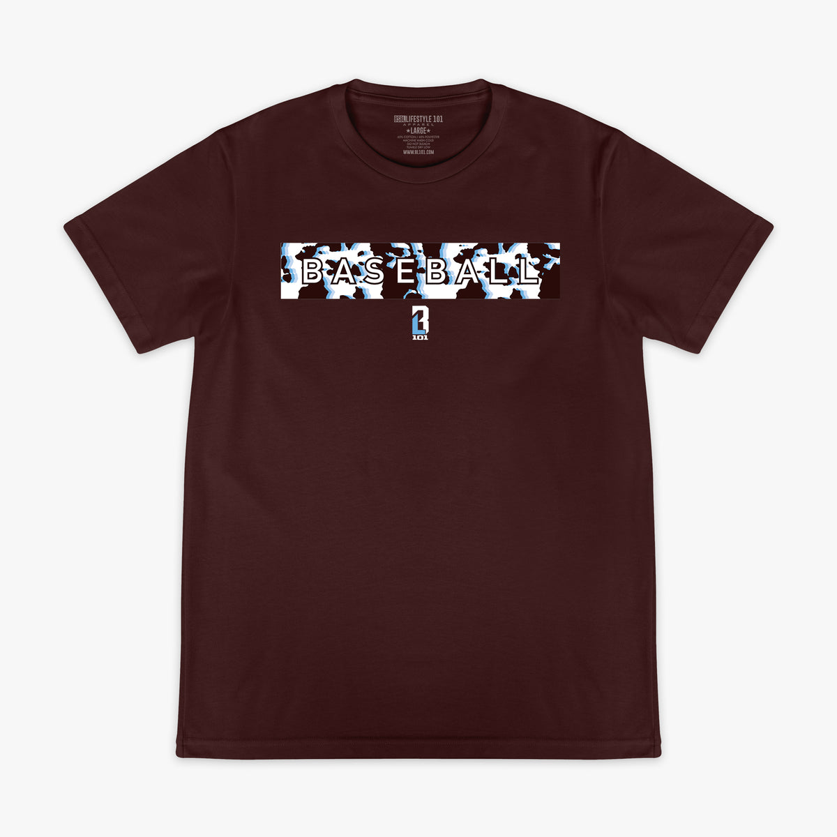 Brown t-shirt with 'BASEBALL' cow pattern graphic on a white background
