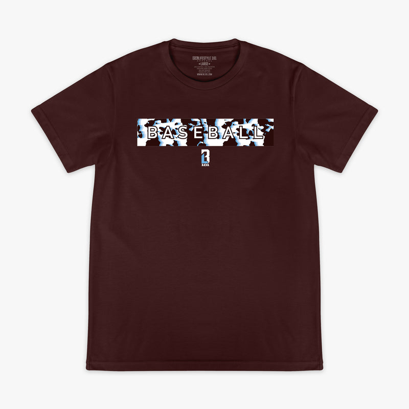 Brown t-shirt with 'BASEBALL' cow pattern graphic on a white background