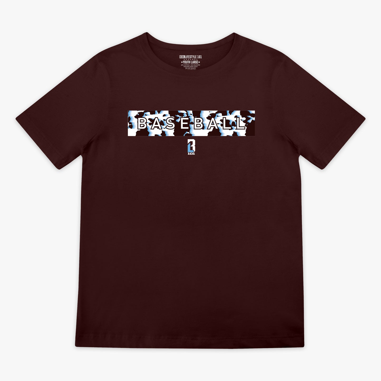 Brown t-shirt with 'BASEBALL' cow pattern graphic on a white background
