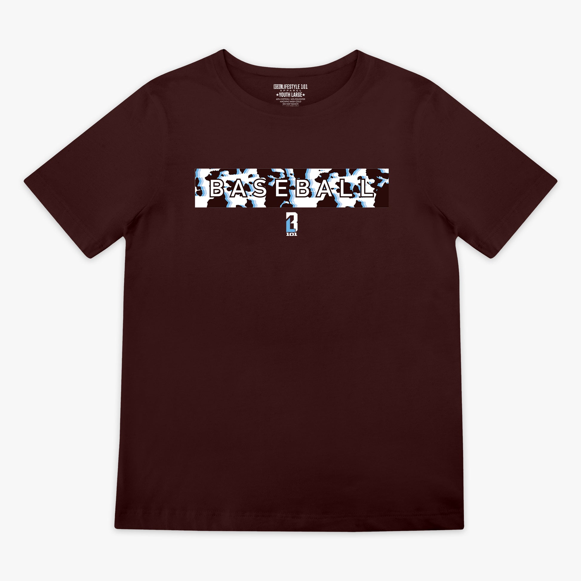 Brown t-shirt with 'BASEBALL' cow pattern graphic on a white background