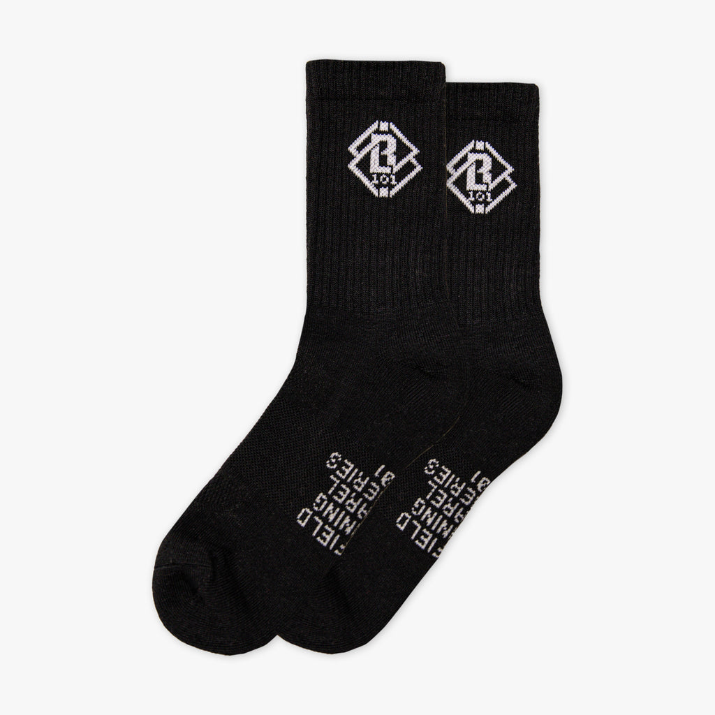 Black socks with white white BL101 logos and text on a white background