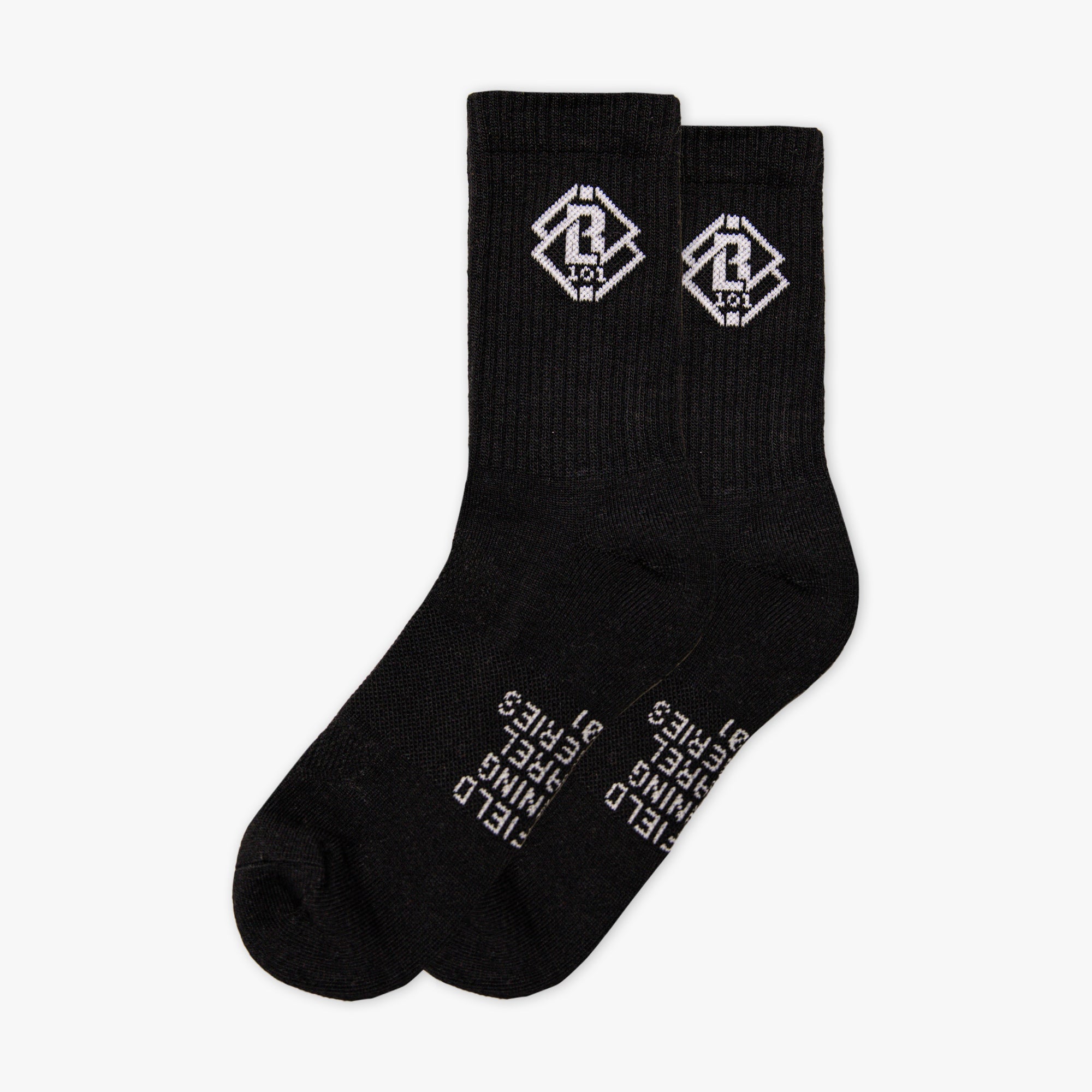 Black socks with white white BL101 logos and text on a white background