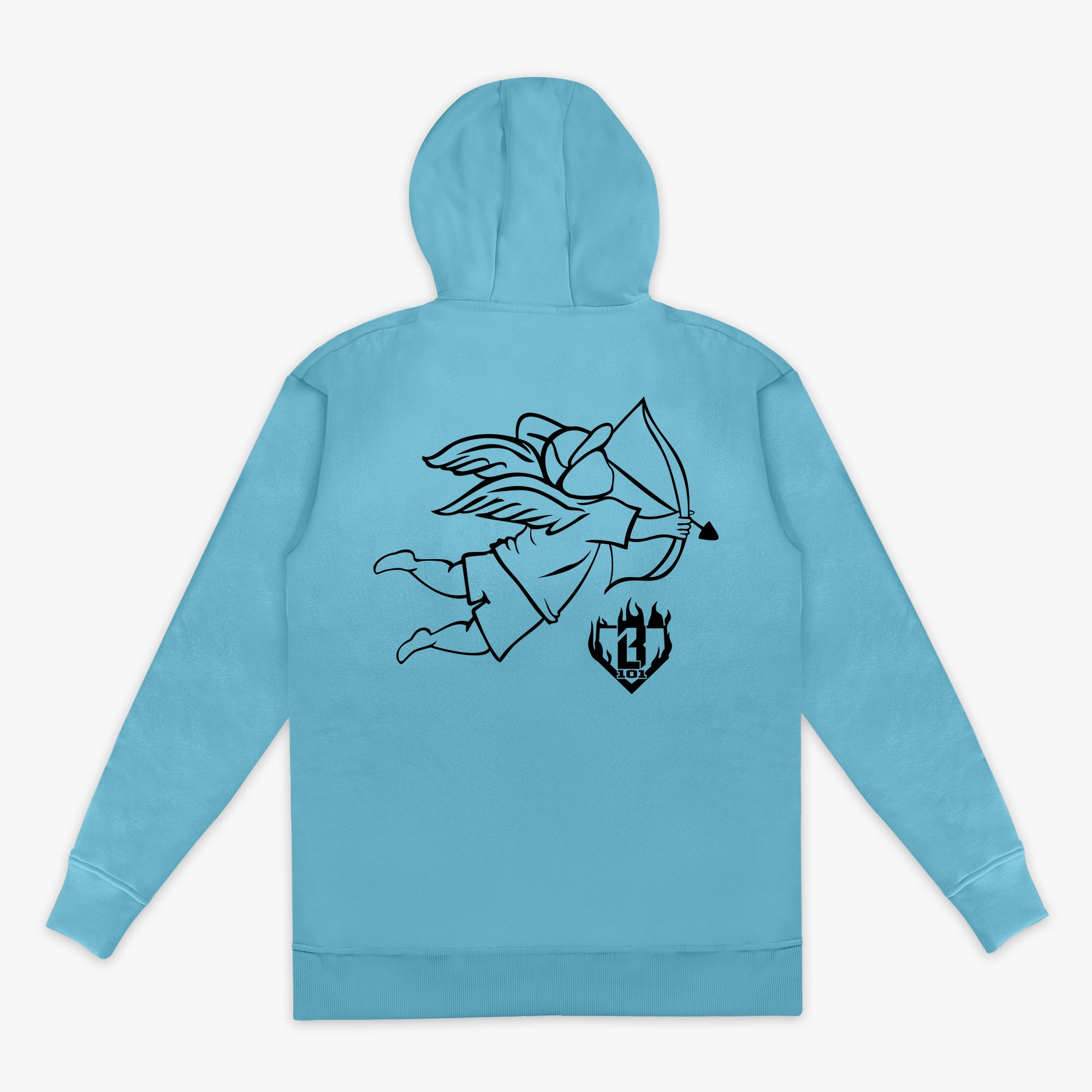 Light blue hoodie with black boy with arrow graphic and BL101 text on the back against a white background