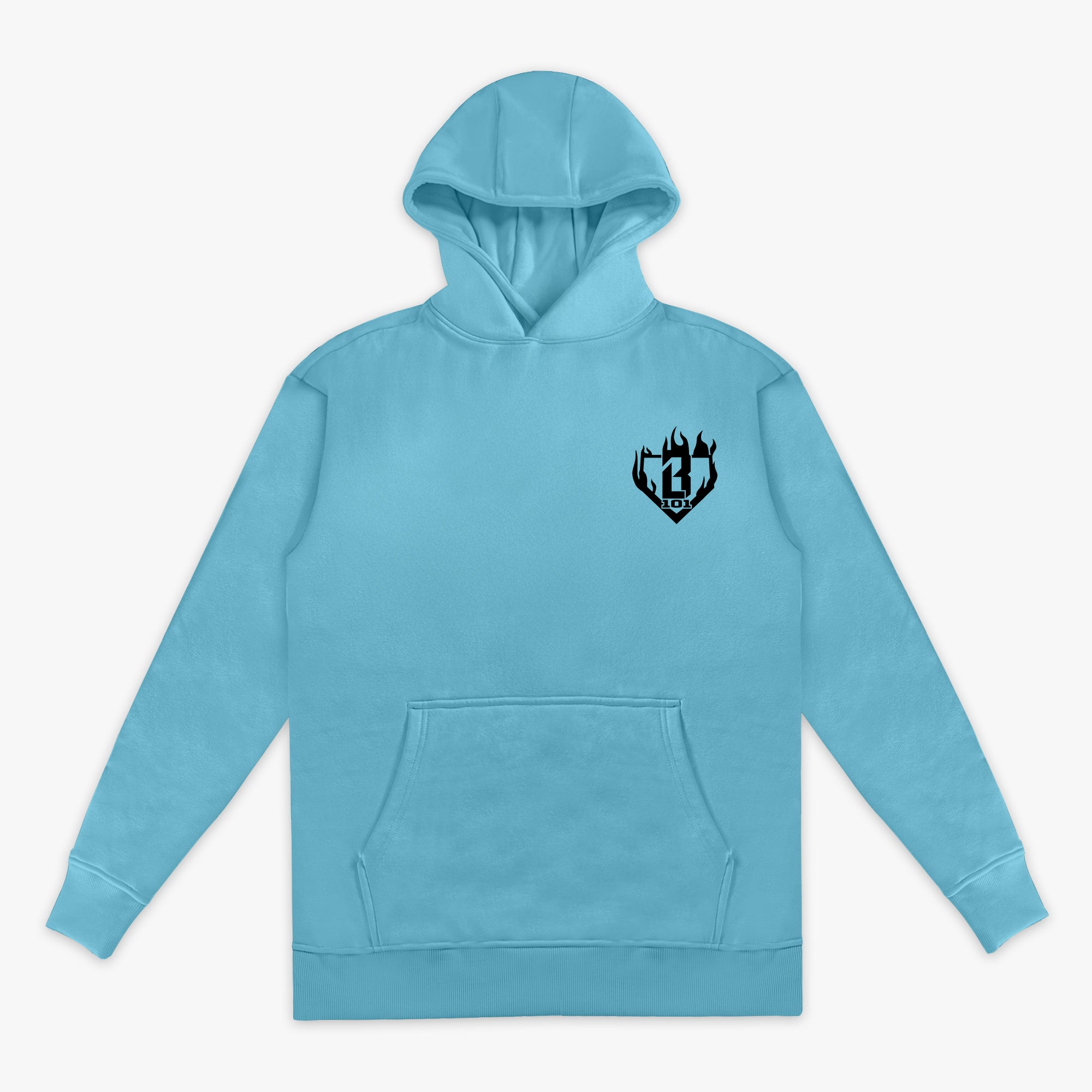 Light blue hoodie with a black BL101 logo on a white background