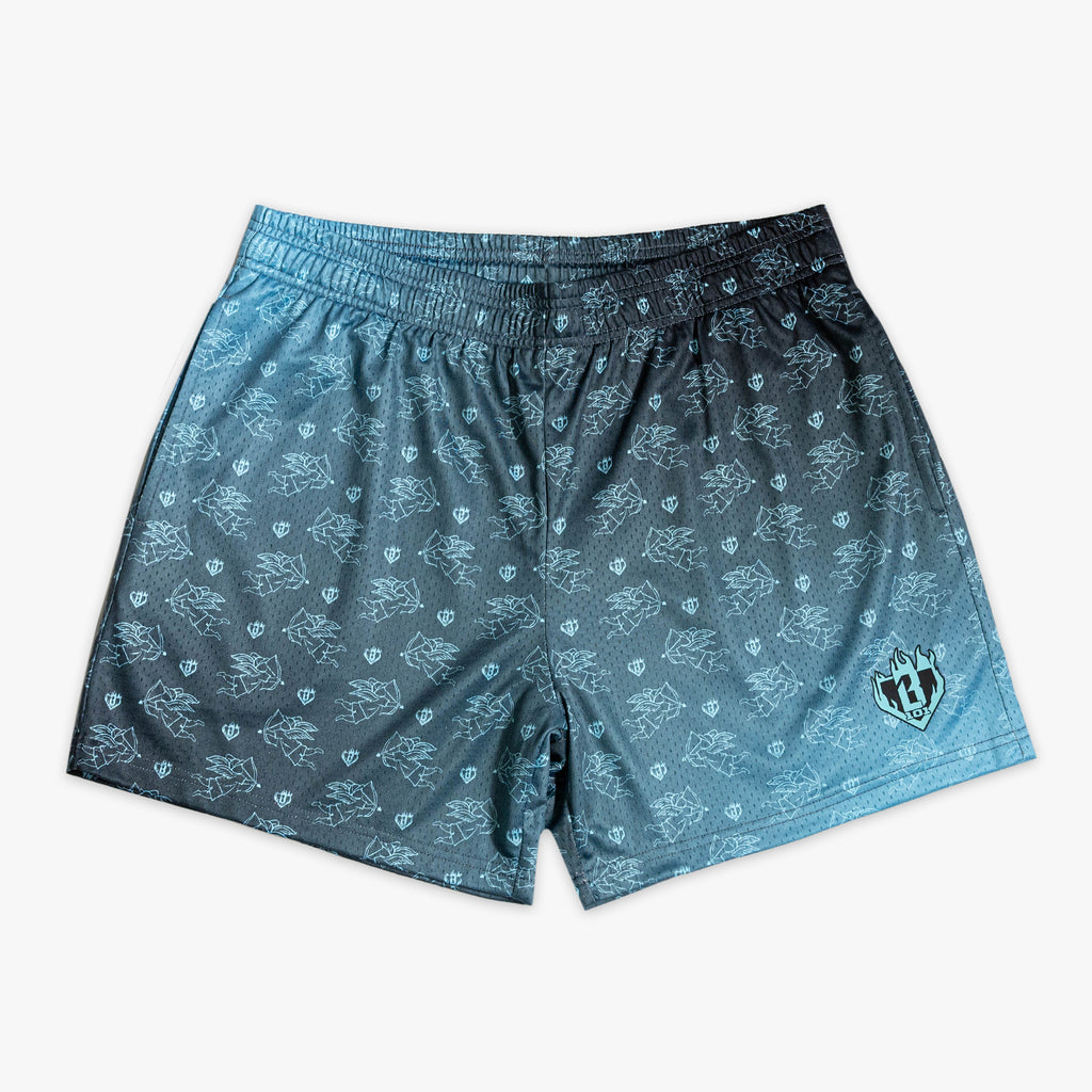 Blue gradient shorts with a pattern on a white background