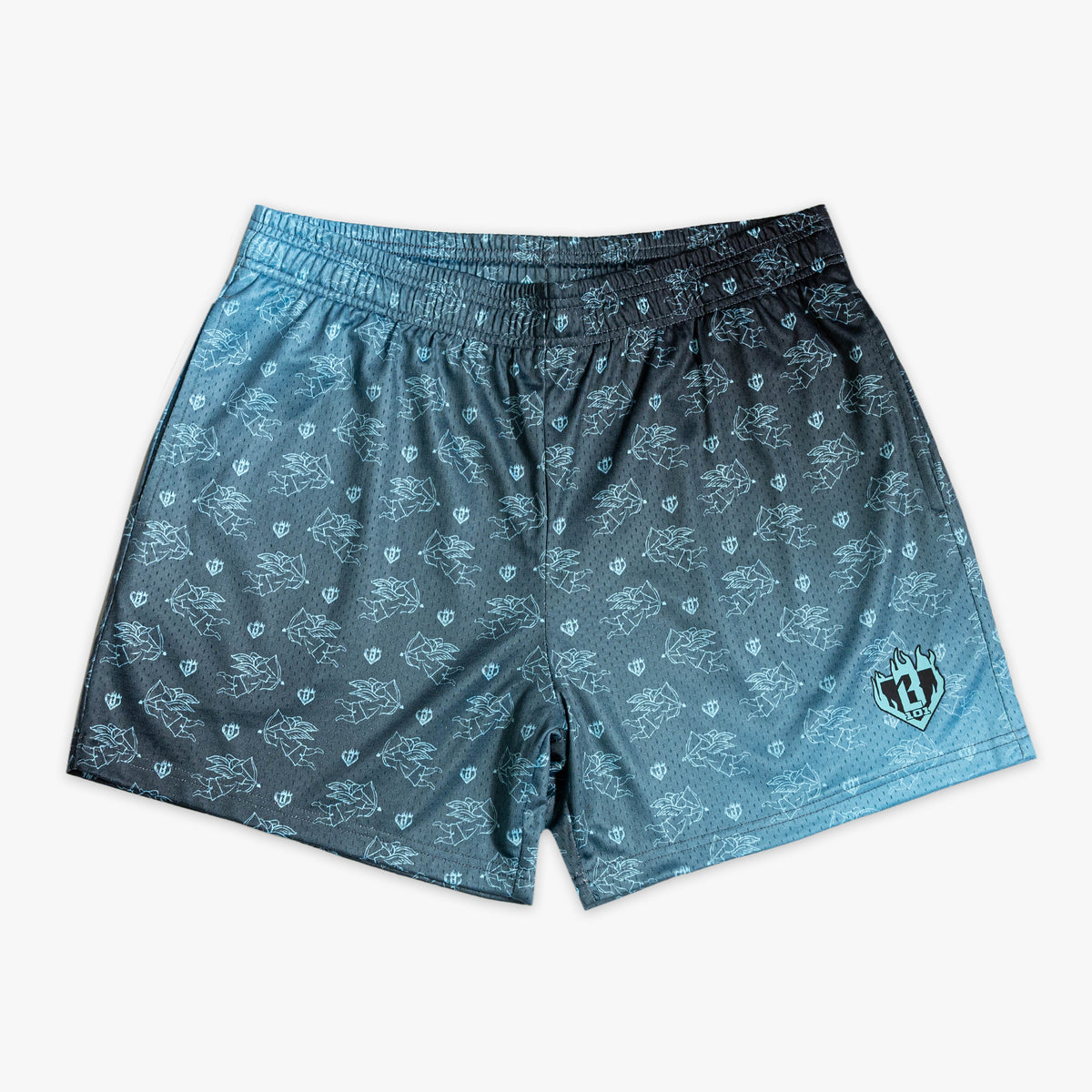 Blue gradient shorts with a pattern on a white background