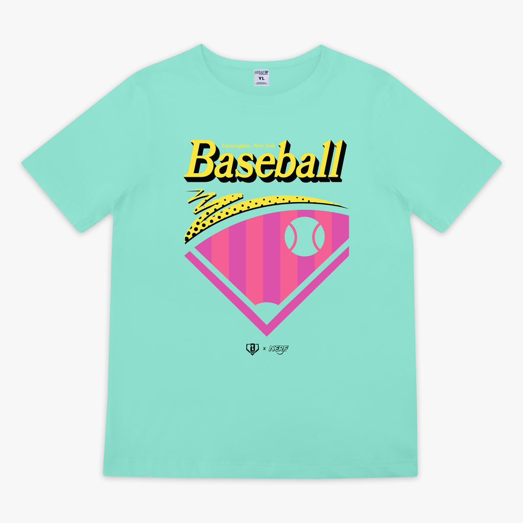 Teal t-shirt with 'Baseball' graphic design 'Baseball Farmingdale, New York' text on a white background