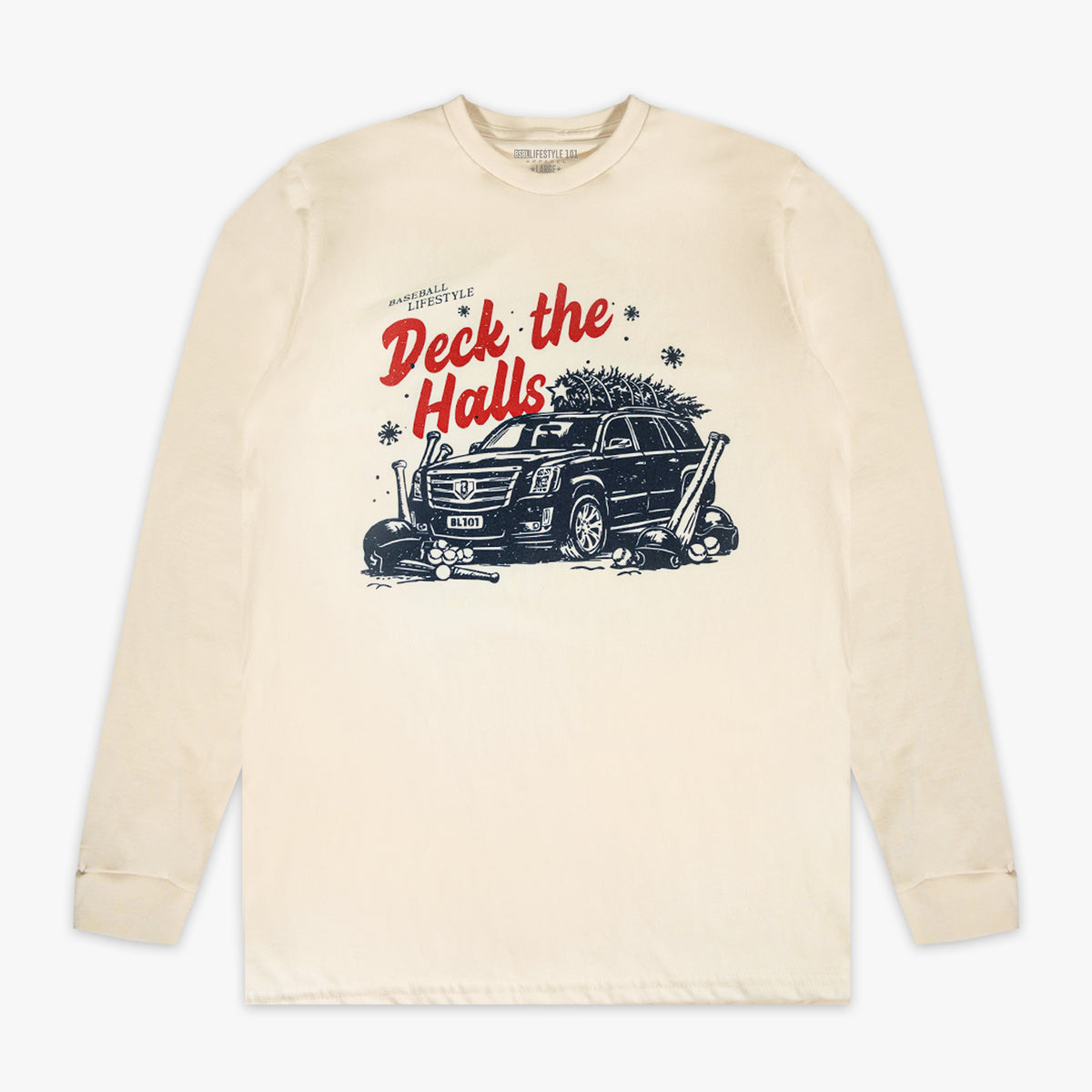 White graphic tee with "Deck The Halls Long Sleeve" design - front view