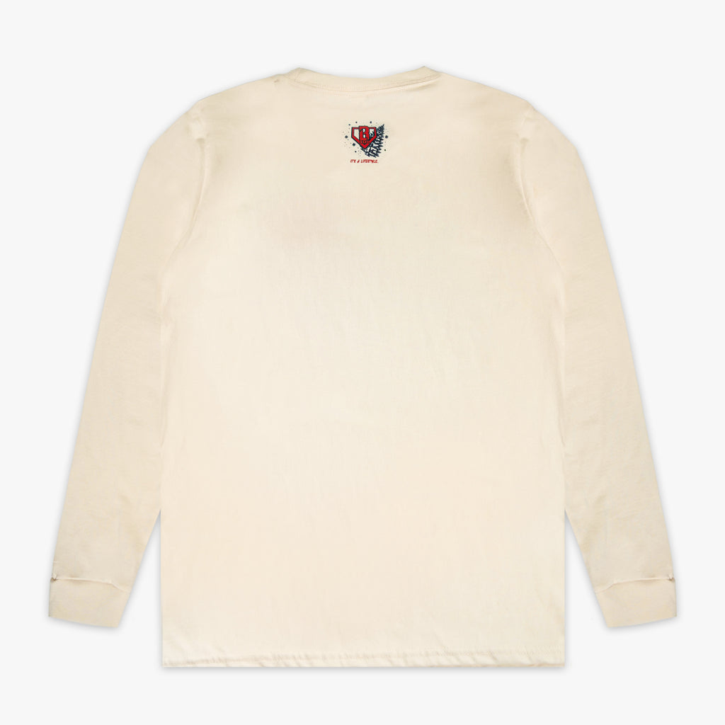 White graphic tee with "Deck The Halls Long Sleeve" design - back view