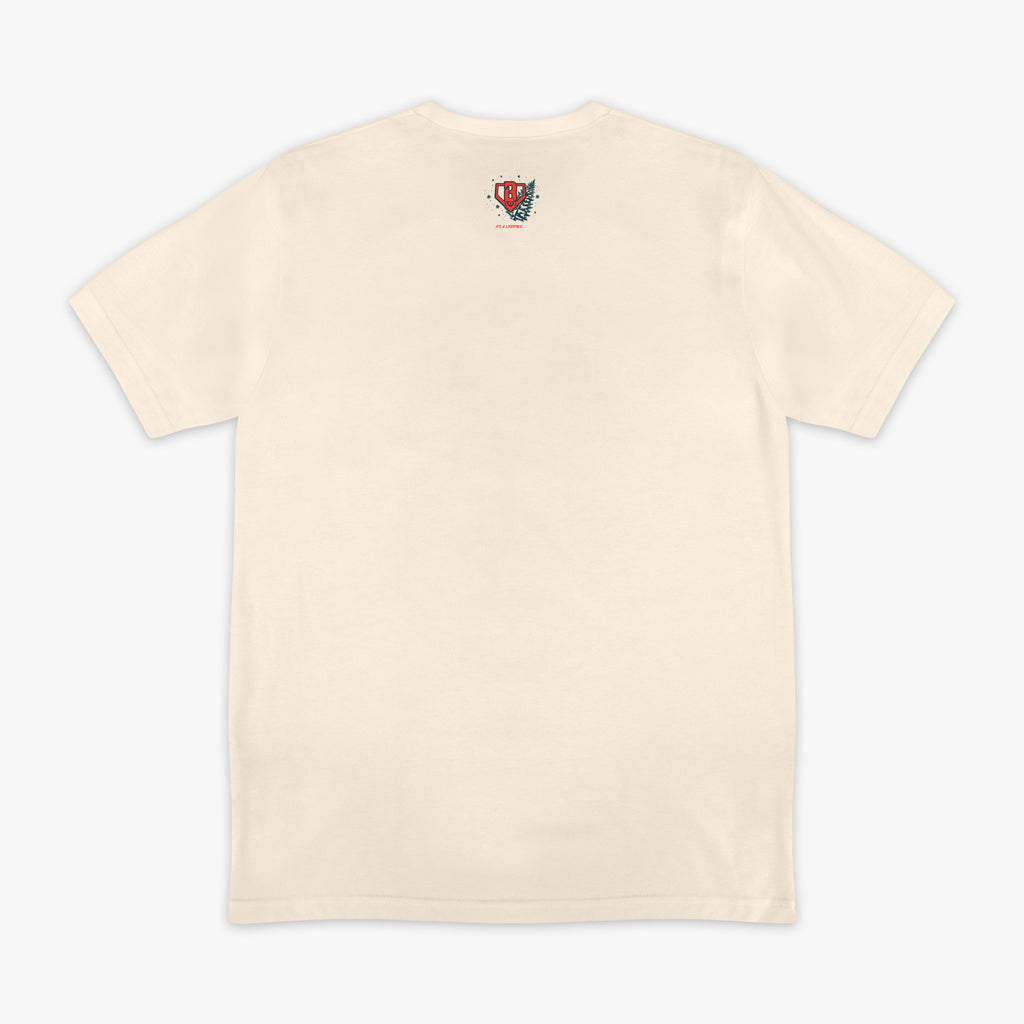White graphic tee with "Deck The Halls" design - back view