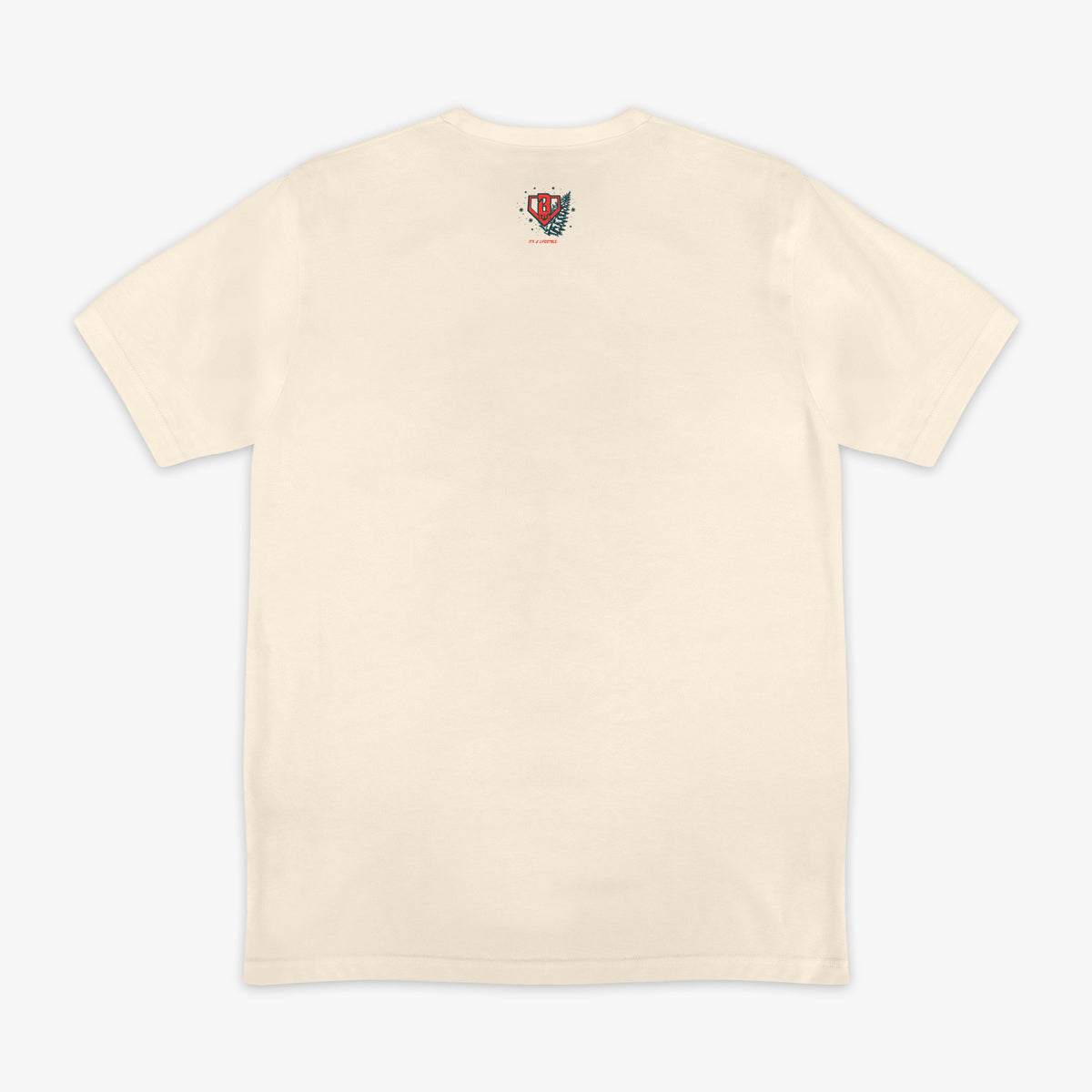 White graphic tee with "Deck The Halls" design - back view
