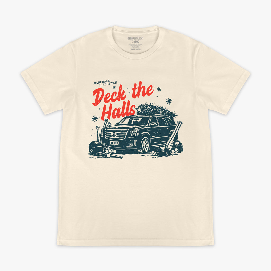 White graphic tee with "Deck The Halls" design - front view