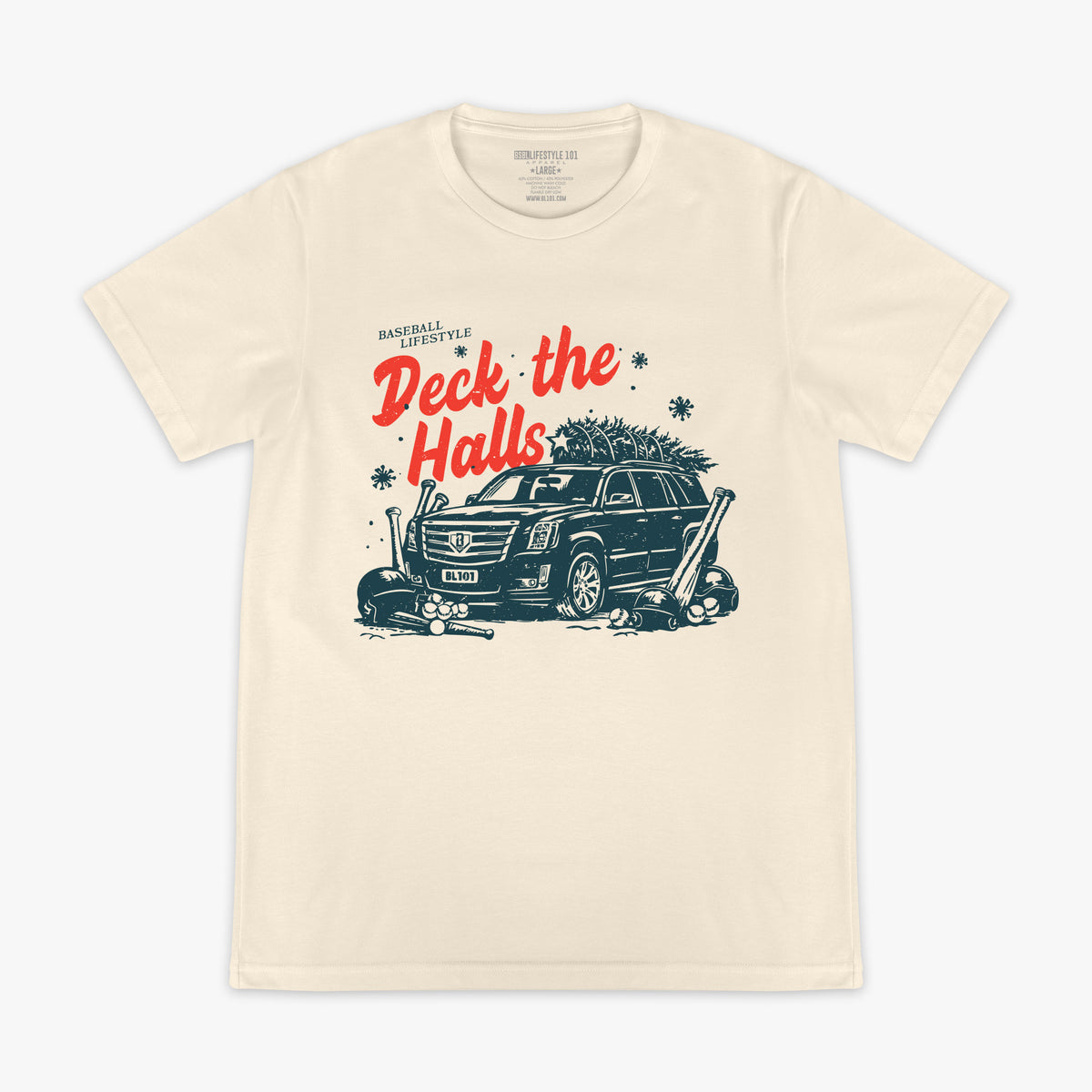 White graphic tee with "Deck The Halls" design - front view