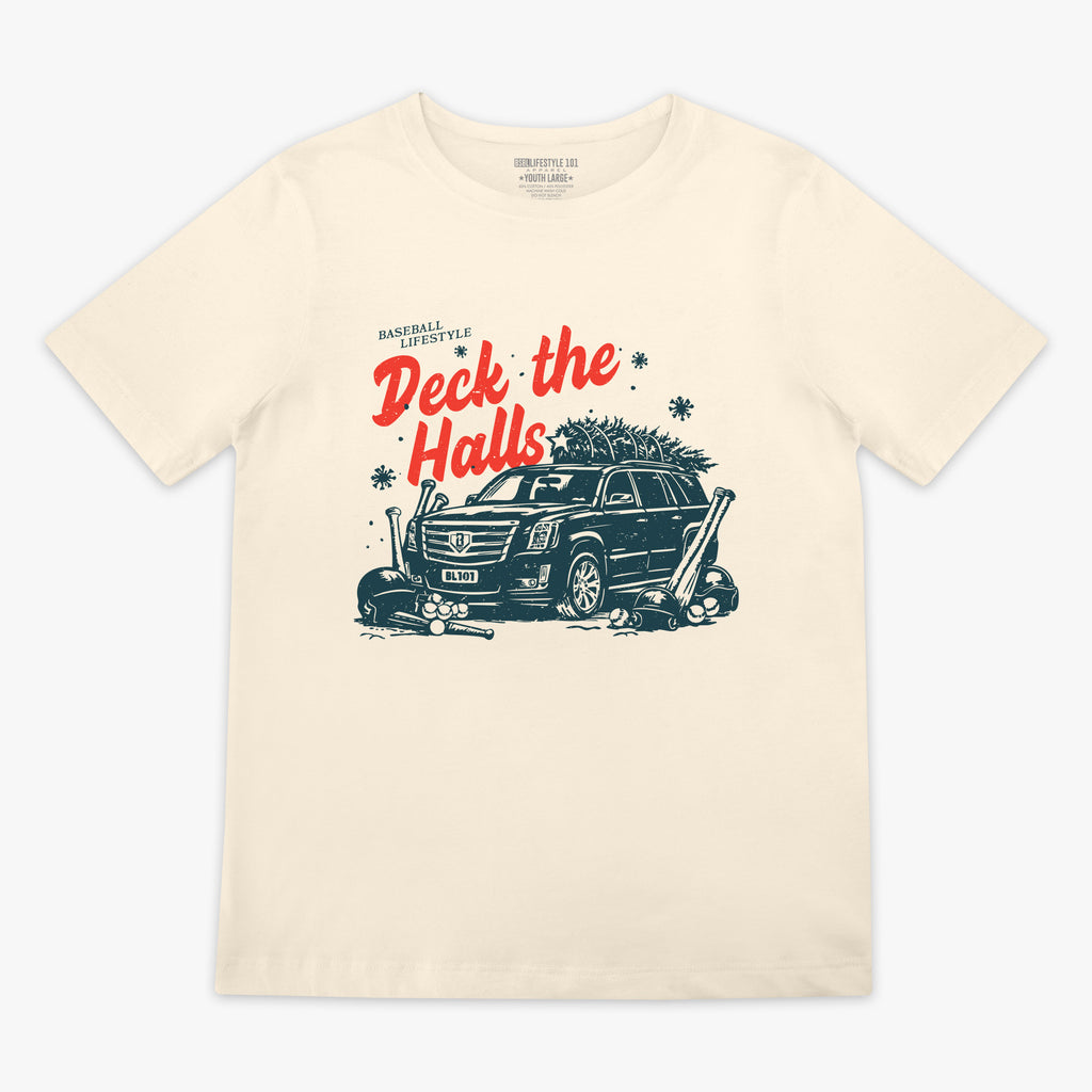 White youth graphic tee with "Deck The Halls" design - front view