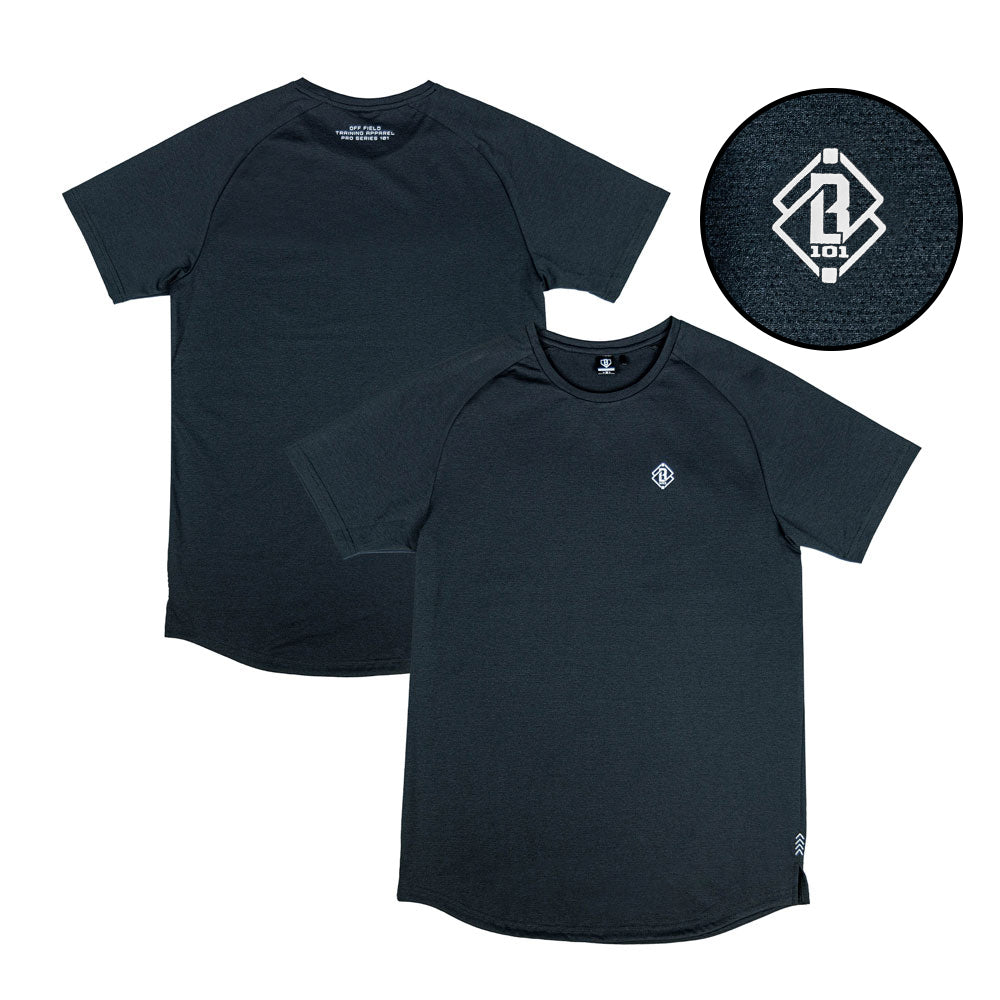 Adult model wearing black and white Diamond Tech graphic tee