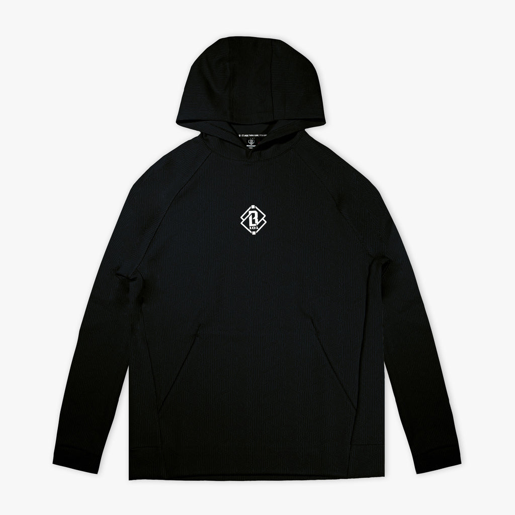 Black hoodie with a logo on a white background