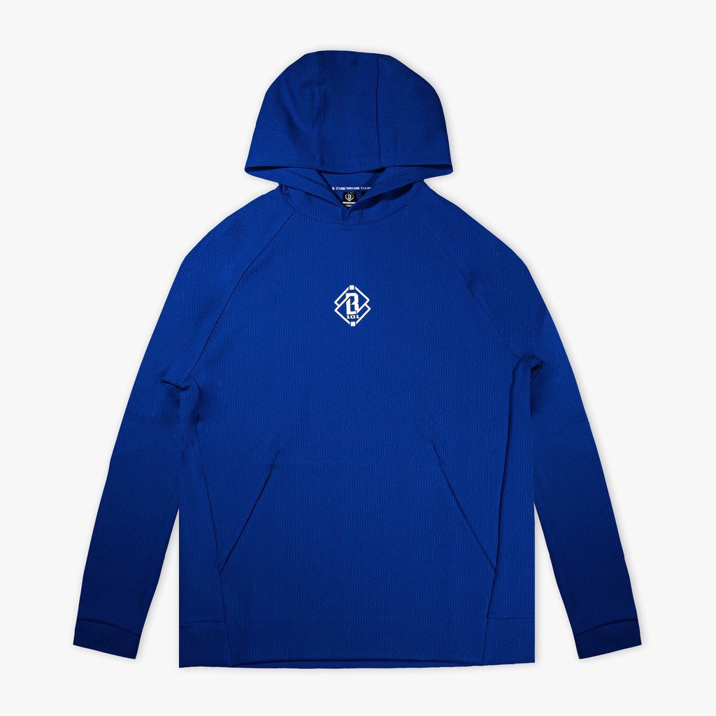 Blue hoodie with a logo on the chest against a white background