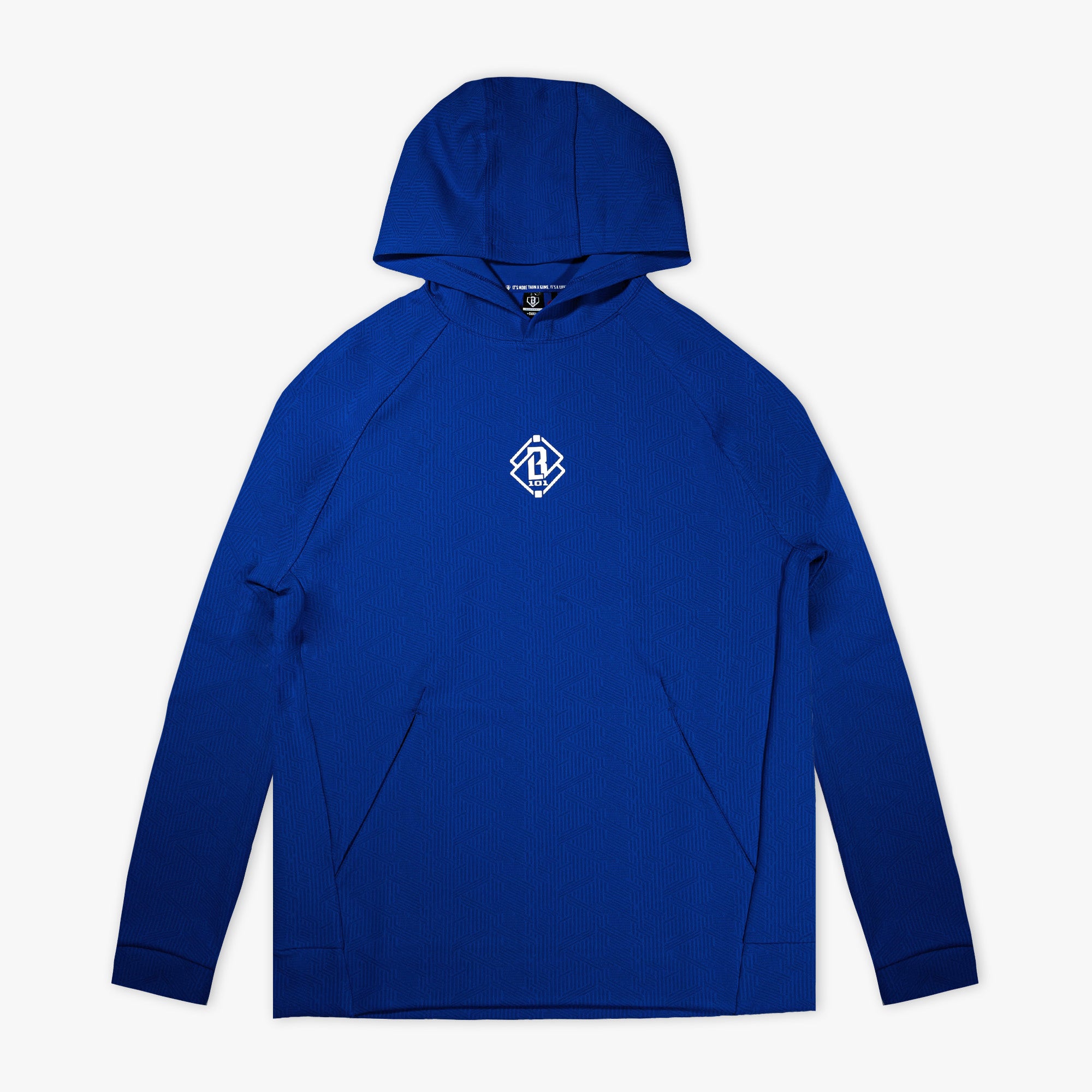 Blue hoodie with a logo on the chest against a white background