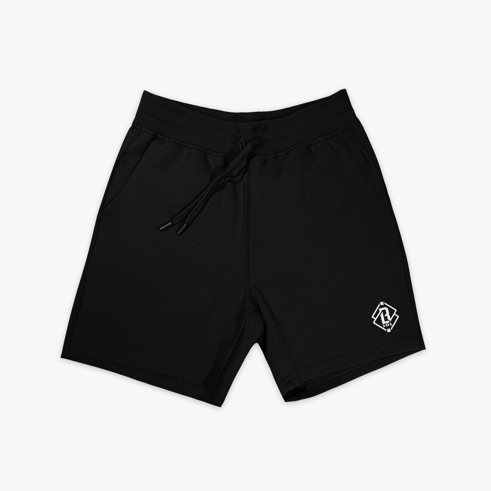 Black shorts with a white logo on a light gray background