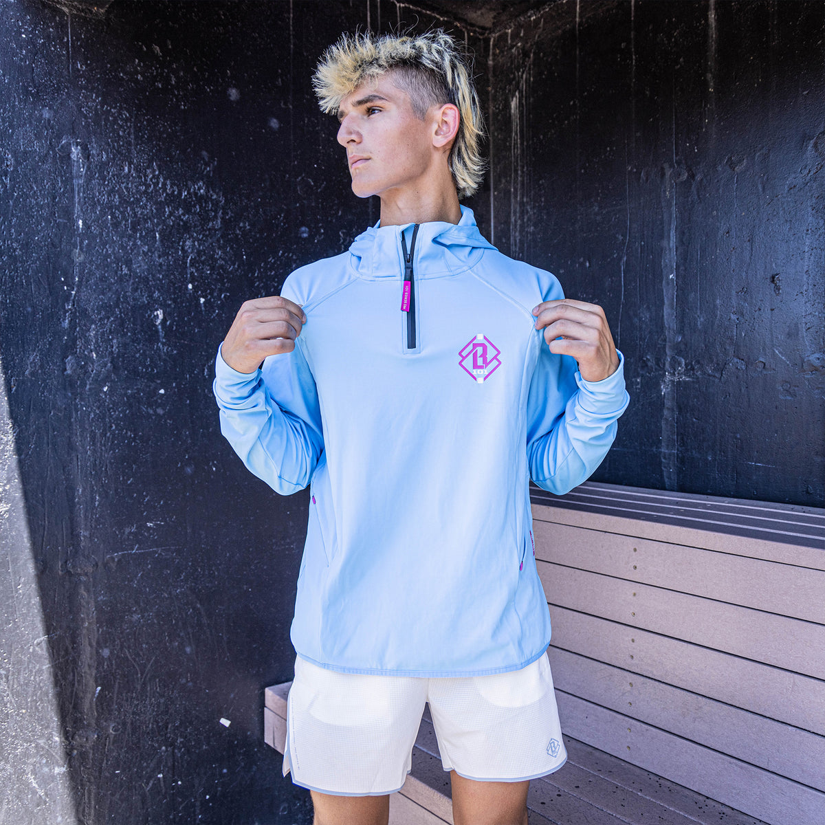 Adult model wearing blue Diamond Tech Scuba Cotton Candy hoodie