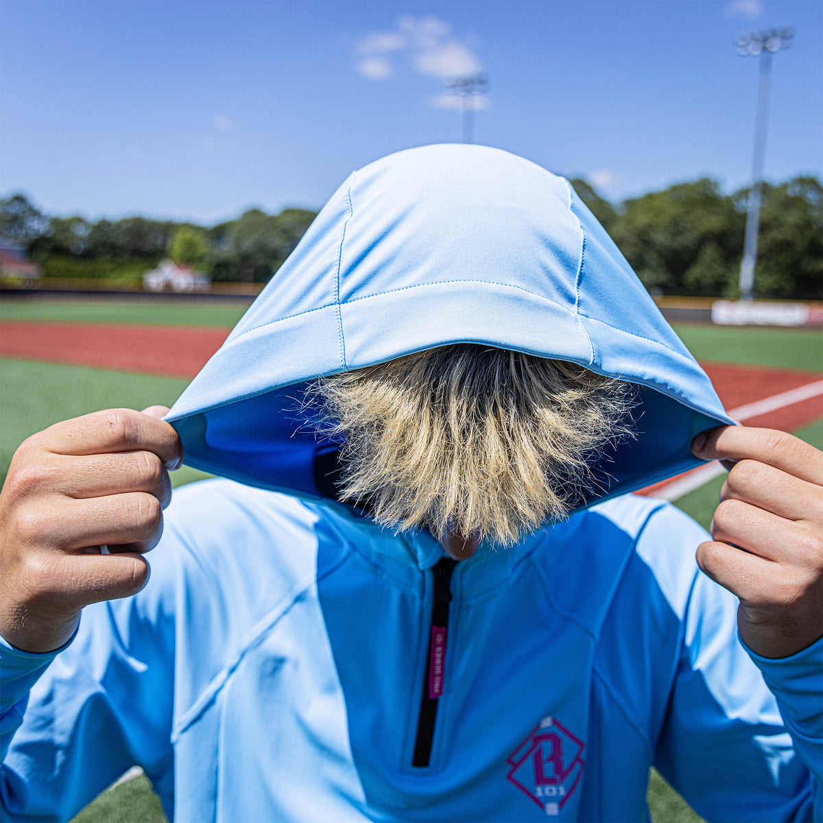 Adult model wearing blue Diamond Tech Scuba Cotton Candy hoodie