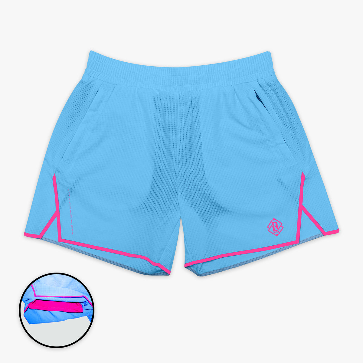 Blue Diamond Tech with Liner Cotton Candy shorts — front view