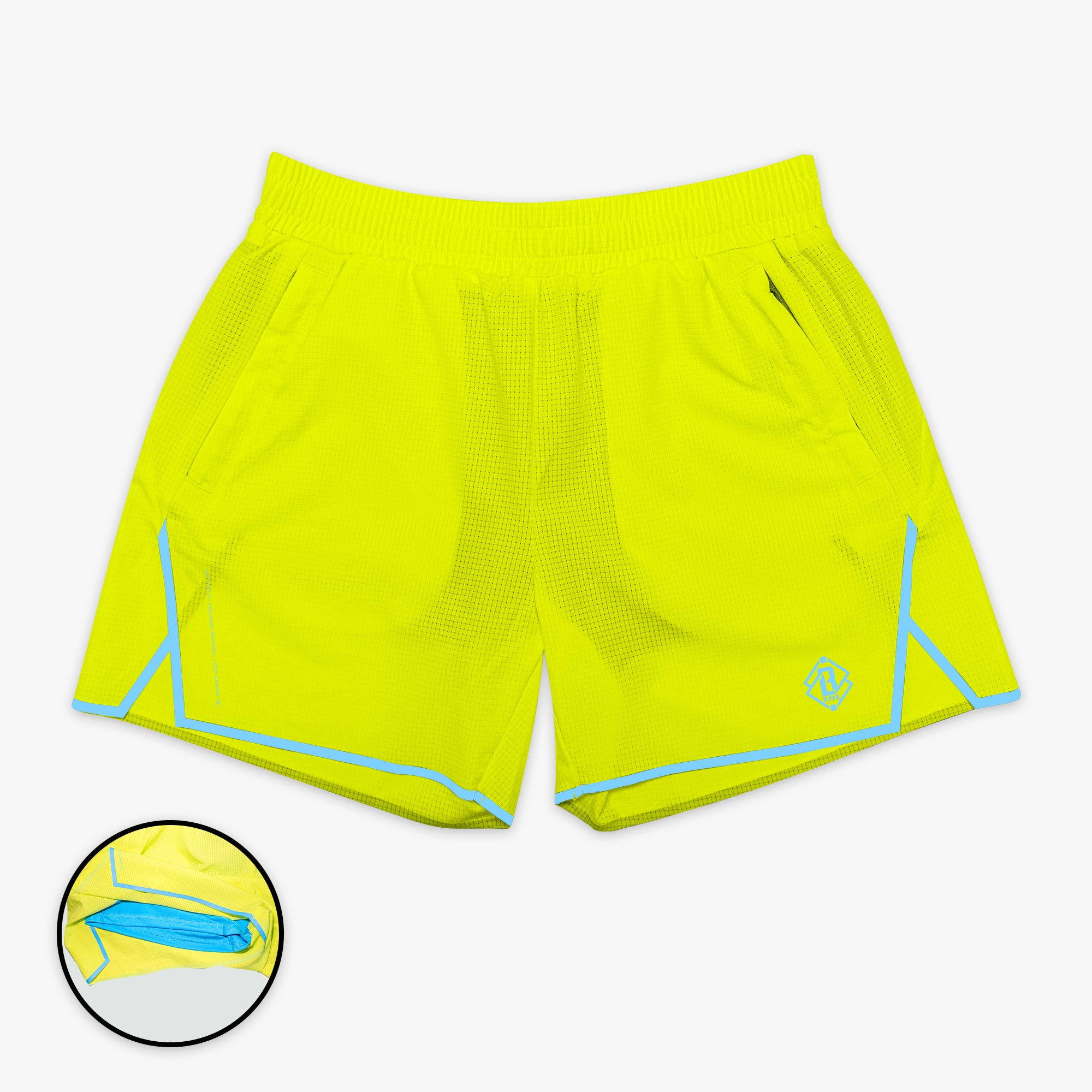 Yellow Diamond Tech with Liner Highlighter shorts — front view