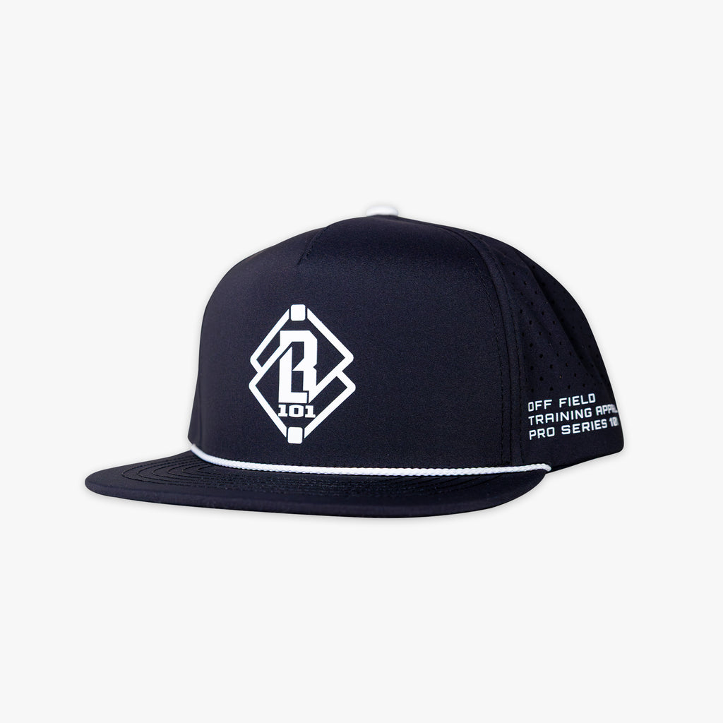 Black cap with white accents and BL101 logo and text on a white background