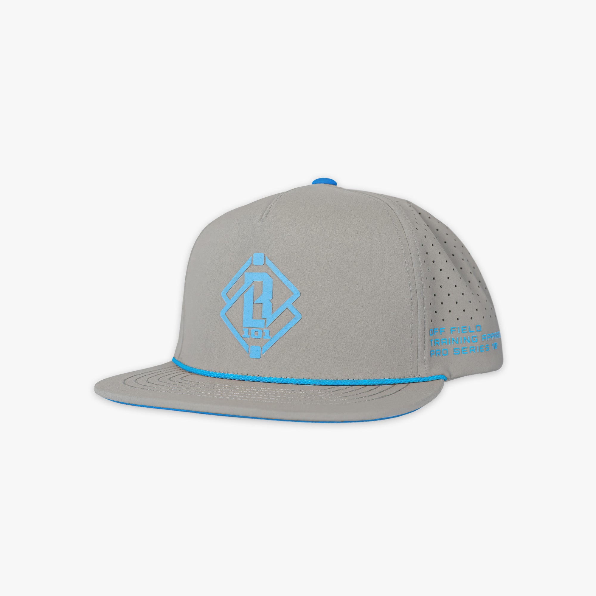 Gray cap with blue accents and BL101 logo on a white background