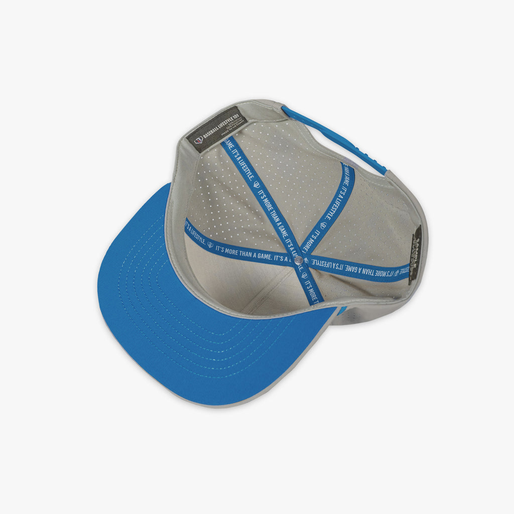 Gray and blue cap with Baseball Lifestyle 101 tag on a white background
