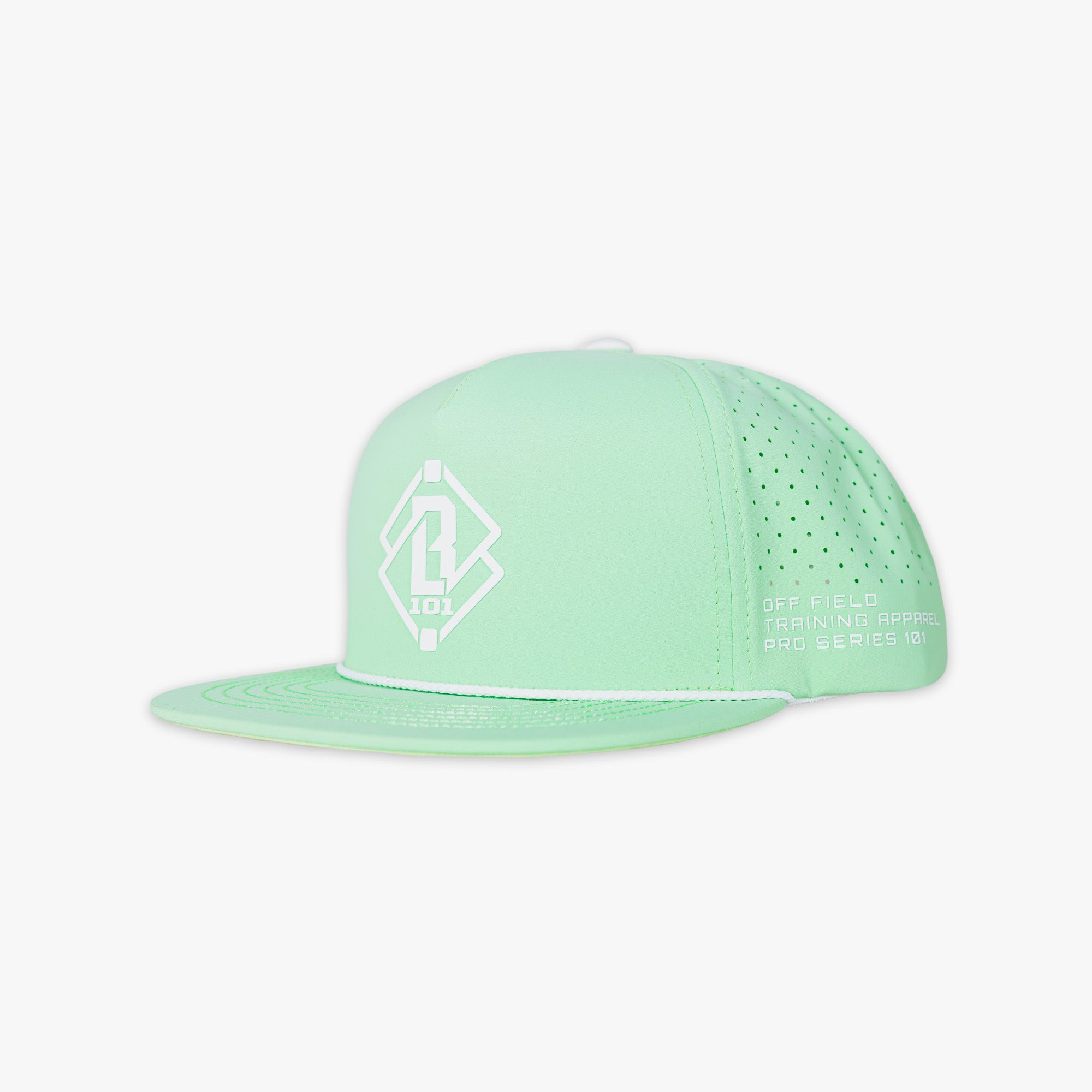 Mint green cap with white BL101 logo on a light gray background