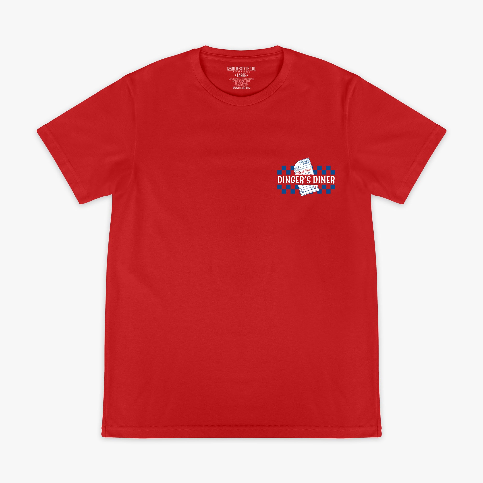 Red t-shirt with a 'Dinger's Diner' logo on the front.