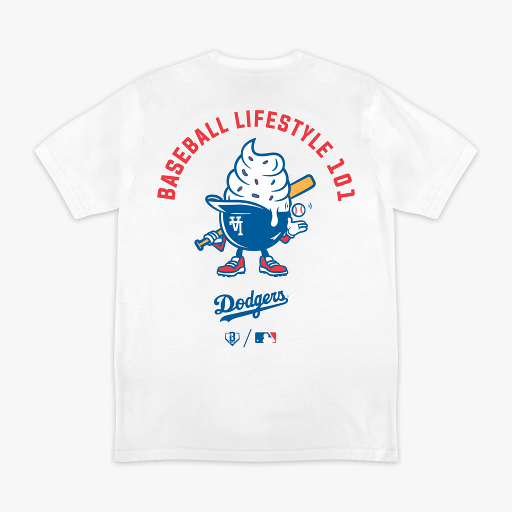 White graphic tee with "Los Angeles Dodgers Ice Cream" design - back view