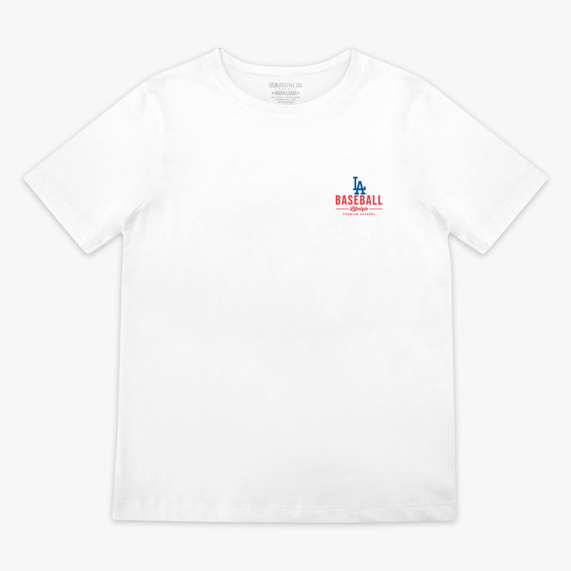 White youth graphic tee with "Los Angeles Dodgers Ice Cream" design - front view